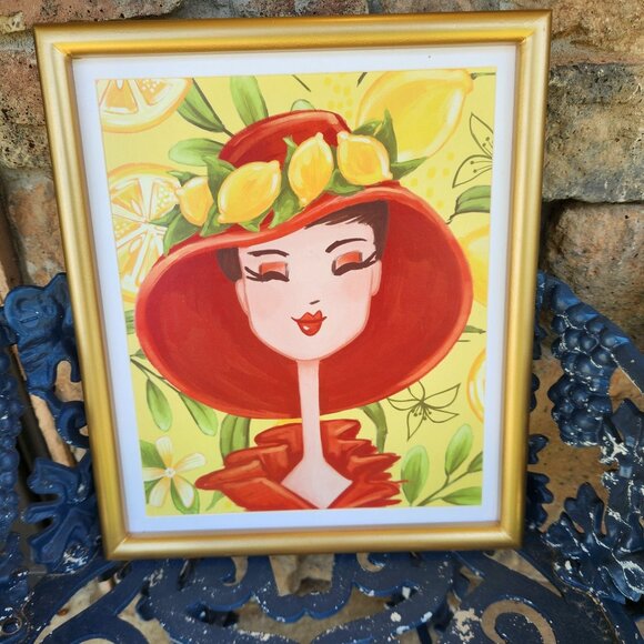 Jacque Pierro Lemon Lady Portrait in Gold Frame Bright Yellow Background - Picture 1 of 8